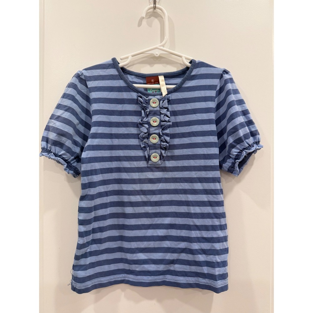 Matilda Jane Girls Blue Striped Ruffle Henley Puff Sleeve Top Size 6